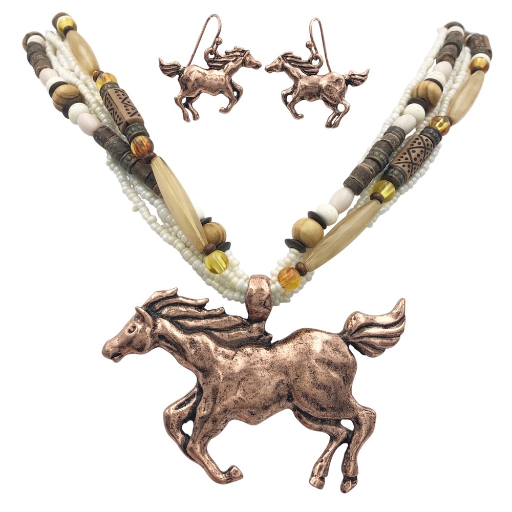 Copper Tone Horse Layered Necklace Earrings Set